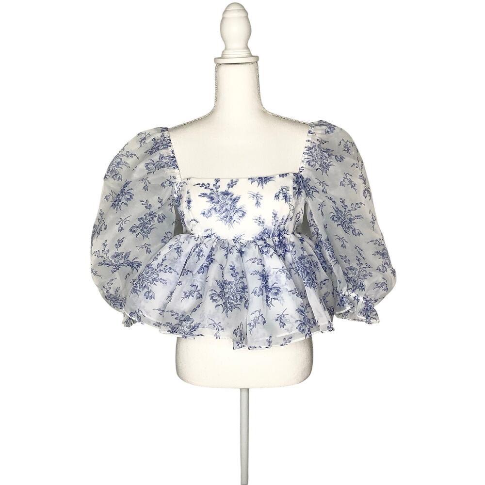 Selkie The Bed & Breakfast Bubble Top Blue White Puff Sleeves Peplum Hem Small